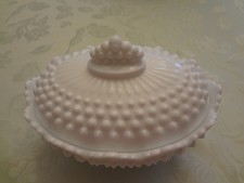 Fenton White Milk Glass Hobnail Footed Covered Dish Oval Shaped