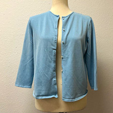 Women's Solid Blue Knit Button Front Crew Neck 3/4 Sleeve Cardigan Sweater