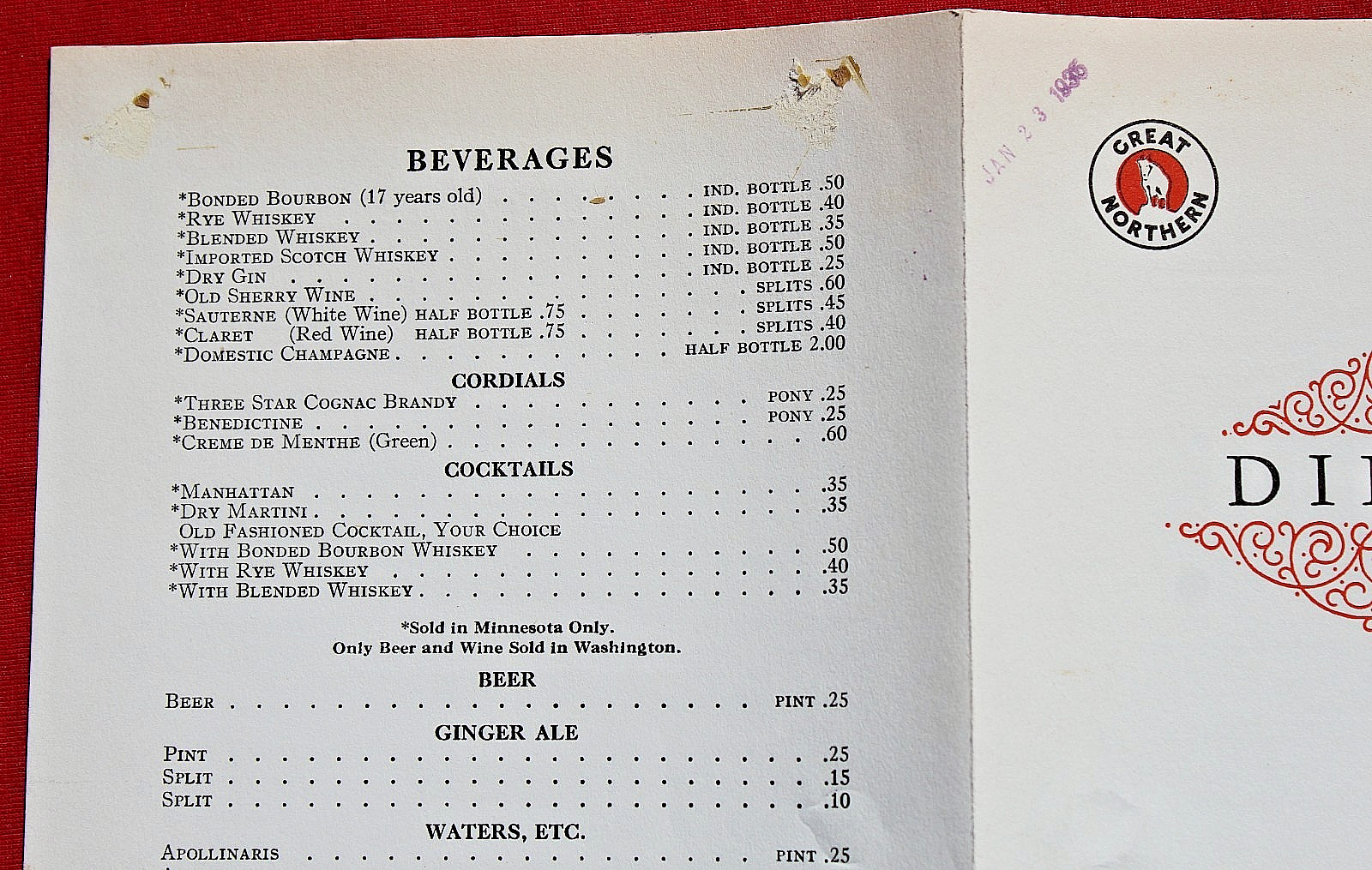 1935 Great Northern Railway Dinner Menu North West Pacific Railroad Train Dining