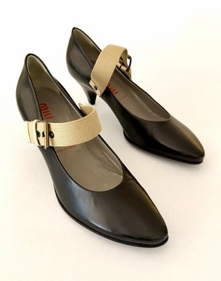 VTG Mui Mui Black Leather Mary Jane Pumps 38.5 Canvas Strap Kitten Heel Italy