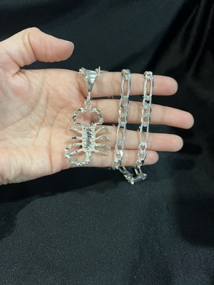 925 Sterling Silver Men Scorpio Scorpion Alacran Pendant & Figaro Chain 20 26 30