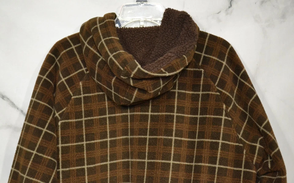 Chaqueta grande forro Sherpa ZERO XPOSUR para hombre con capucha marrón a cuadros polar cremallera frontal Foto 4 de 4