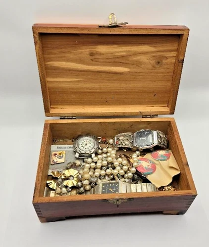 VTG Jewelry Wooden Box Filled With Costume Jewelry Lot Sterling Silver