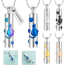 Cat Print Cylinder Urn Pendant Memory Necklace Cremation Ashes Memorial Jewelry