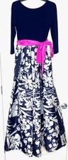 ELIZA J Navy Blue Metallic Jacquard Pink Sash Jersey Stretch Bodice Ball-Gown 6