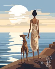 Woman  Dog Gazing into the Distance from Rocky Shore Printed Needlepoint Canvas