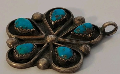 Sterling Silver Blue Turquoise NATIVE AMERICAN Handmade Pendant 1.45" Old Pawn - Picture 4 of 8