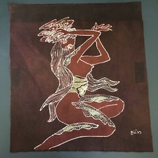 Original Vintage Indonesian Island Woman tiki batik painting art Signed Alim MCM