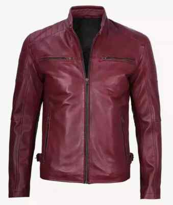 New Handmade Genuine Lambskin Leather Biker Maroon Men's Quilted Jacket Stylish