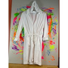 LANDS END Hooded Full Zip swimsuit Cover Up Cotton White pockets - medium