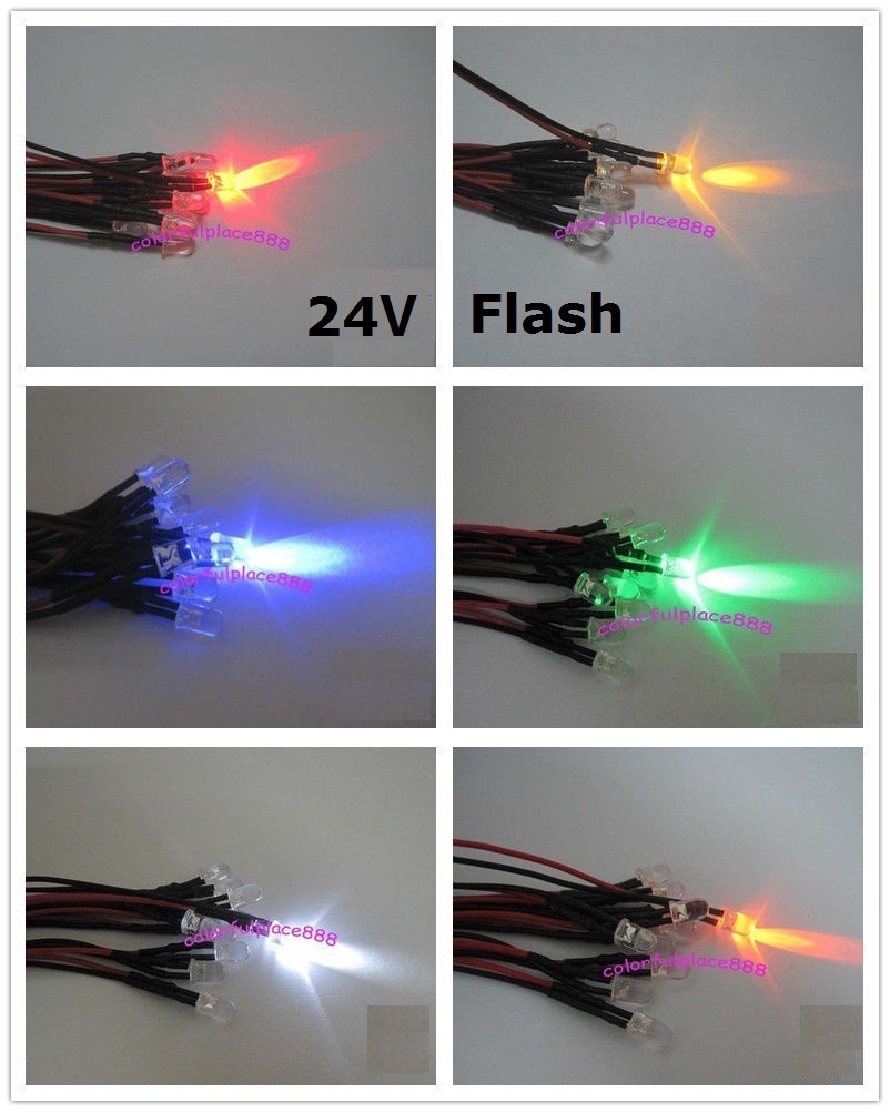 Led Flash Yellow 5mm 24V Flash Flashing Red Yellow Blue Green White Orange Pre-wired LED ...