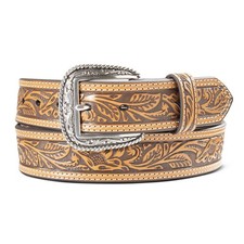 A1012408 Ariat Men's Floral Tooled Double Stitch 1 1/2' Belt - Tan NEW