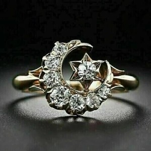 Authentic 14K 2-Stone Gold Plated 1.95Ct Round Simulated Diamond Moon Star Engagement Ring
