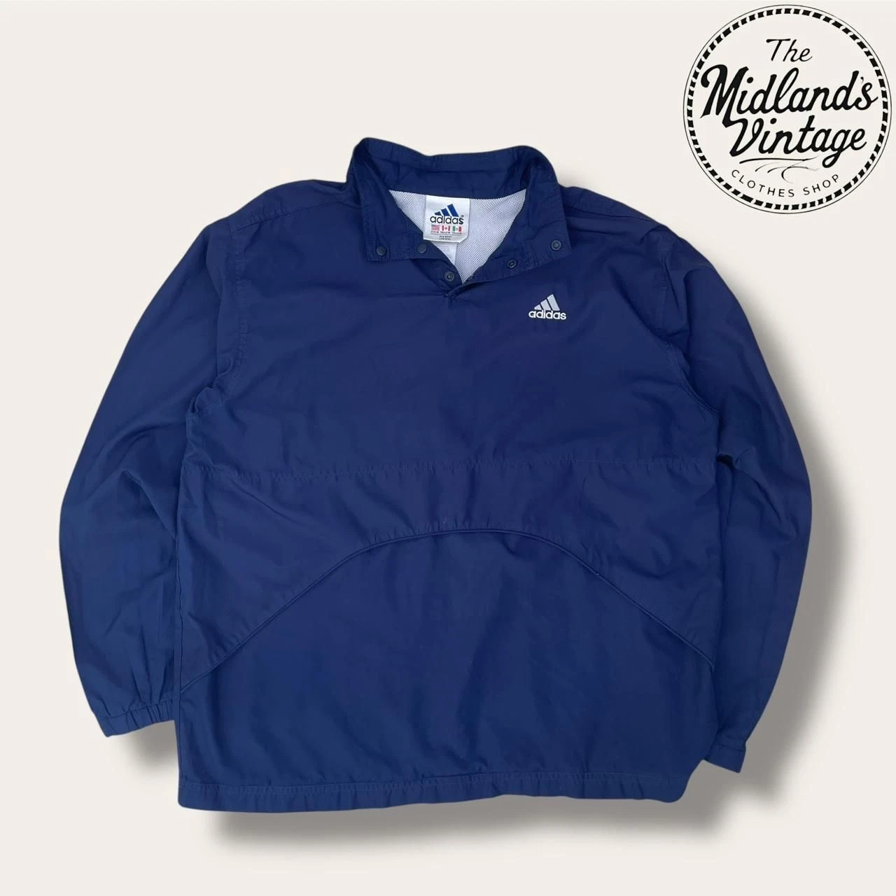 Vintage Adidas windbreaker mens M navy blue lightweight jacket white Y2K