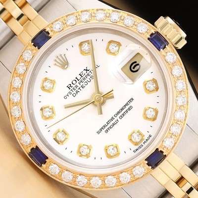 Rolex Damen Datejust 69173 Weiß Diamant Saphir 18K Gelbgold Stahl Armbanduhr