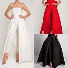Women Jumpsuit Detachable Train Overskirt Satin Bow Waistband Floor Length Train
