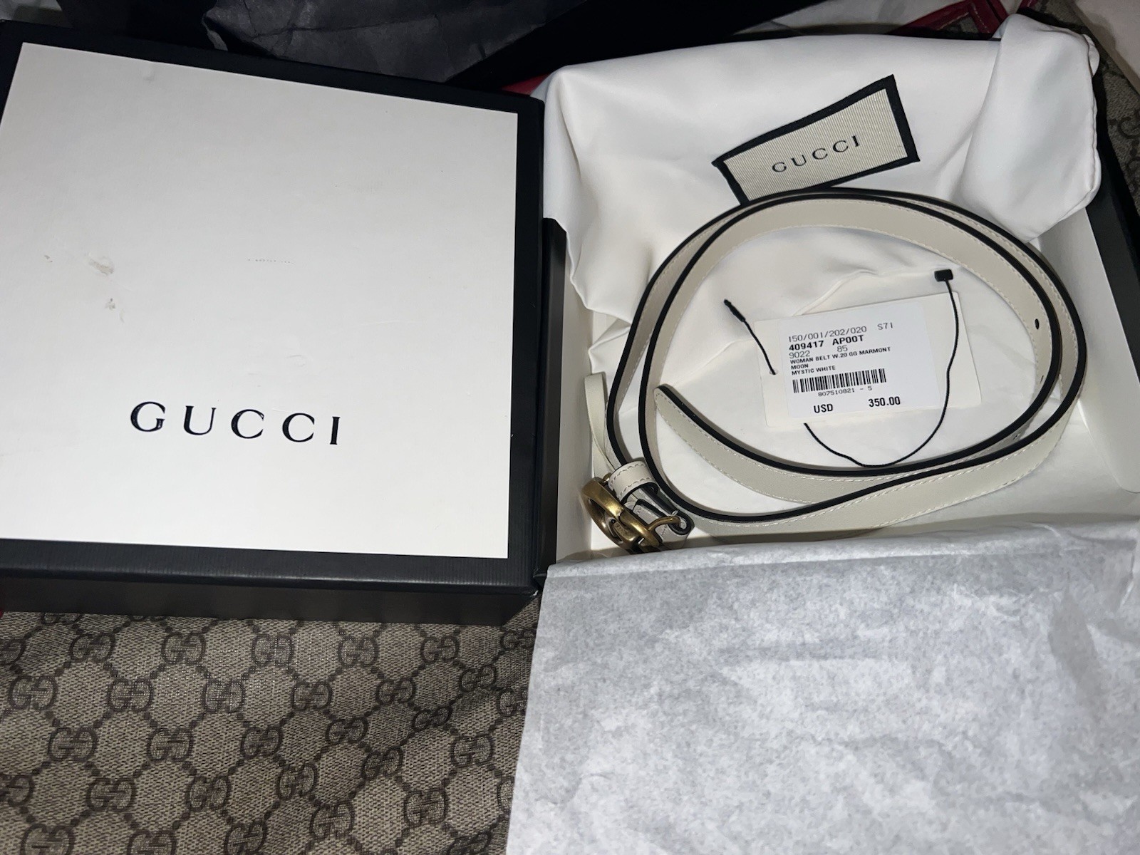 Gucci Marmont Moon Mystic White Leather Belt Size 85 with Box & Papers-image