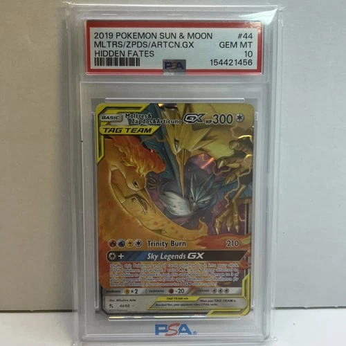 2019 Pokemon Sun & Moon Moltres Zapdos Articuno GX Hidden Fates #44 PSA 10 GEM
