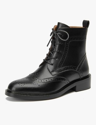 BEAU TODAY Women's Black Leather Platform Combat Ankle Boots Lace-Up Chunky Heel