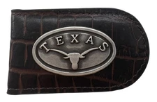 Texas Longhorns Genuine Leather Money Clip-Brown-by Enmon-New in Tin