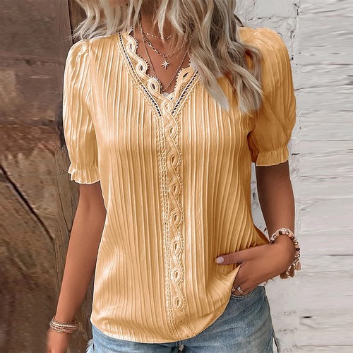 Women V Neck Summer Ladies T-Shirt Blouse Short Sleeve Lace Party Tops Plus Size - Picture 22 of 22
