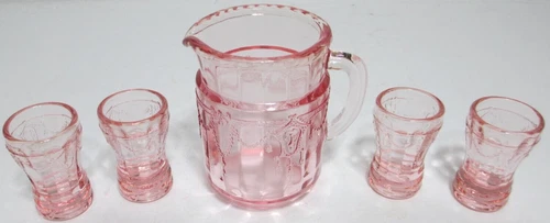 Vintage Mosser Glass Jennifer Set # 11 Mini Juice Pitcher & 4 Tumblers Pink BOX