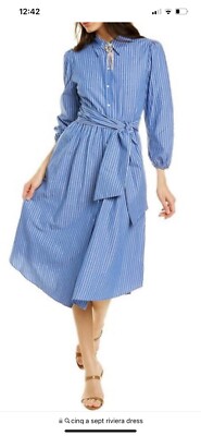 NEW Cinq A Sept Blue 3/4 Sleeve Striped Belted Shirt Dress XS Brooch Retail  $345 | eBay