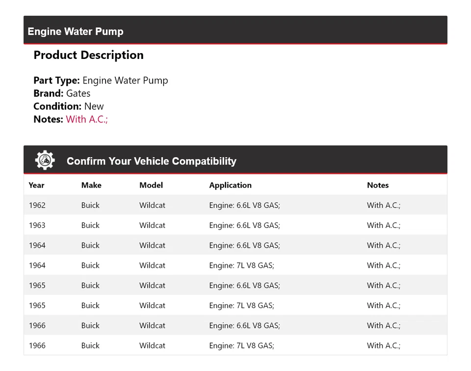 Para Buick Wildcat 1962-1966 motor bomba de agua puertas 1963 1964 1965 Foto 2 de 4