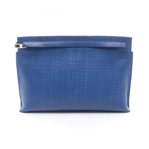 LOEWE T Pouch Anagram Linen Clutch bag C500W05X1 leather Blue Used Women