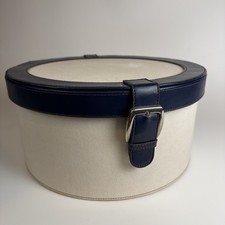 Vintage Style Round Hat Box Off White Navy Blue Trim Travel Case Makeup Vanity