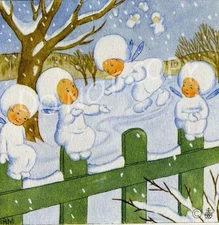 Antique Rare Ida Bohatta: Winter: Snowdrop Fairies Fence Post GREETING Card 6939