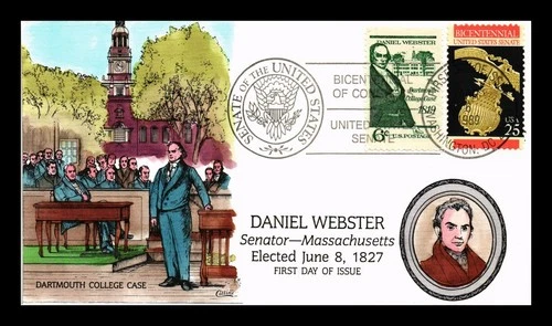 US COVER SENATE BICENTENNIAL DANIEL WEBSTER FDC COMBO COLLINS HAND PAINTED