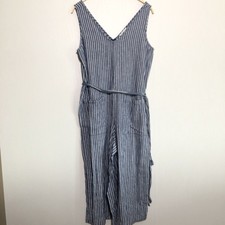 BeachLunchLounge Jumpsuit Women Small Blue Striped Wide Leg Pockets Linen Blend