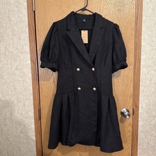 NWT Frenchy Puff Sleeve Double Breasted Pleated Hem Dress Black XL