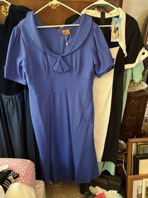MARY CRAFTS Blue Solid Knee Length Pencil Dress Scoop Neck Short Sleeve Bow 18