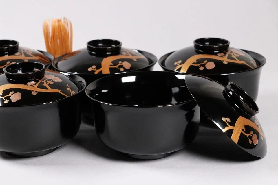 Juego de 5 cuencos de laca japonesa Ume Maki e tapa Kaiseki ceremonia del té negro Foto 2 de 4