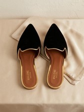 Malone Souliers Black Velvet Gold Trim Maureen Flat Mules Slide Shoes US 7 EU 37