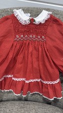 Vintage 1980s Polly Flinders Girls Red Smocked Christmas Dress 12 month Holiday