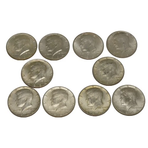 Lot of 10 1964 Kennedy Half Dollars 90% Silver $5 Face 3.61 Oz AU Mixed Mints