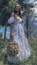 LoveShackFancy x Target Gemma Floral Cottagecore Maxi Dress XS Blue White
