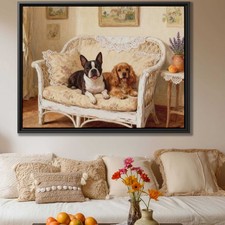 Boston Terrier Dog Artwork Framed Canvas Oil Painting Living Room Decor Print
