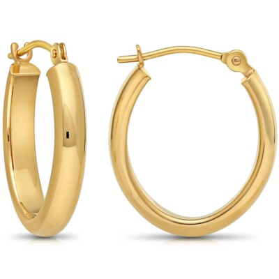 14K Echt Massiv Gold Klassisch Poliert Halbrund Rohr Oval Creolen 18mm