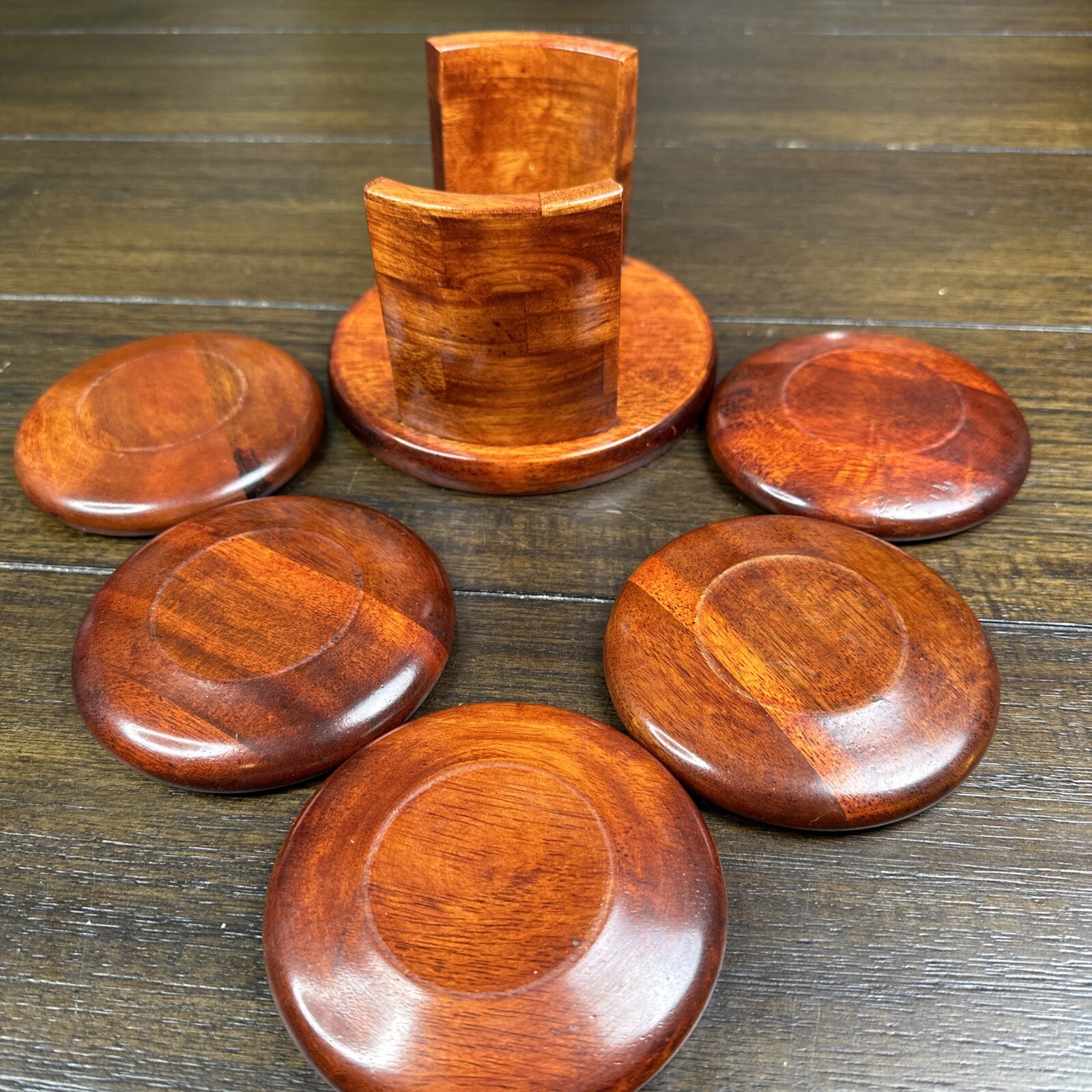 Pomerant 5 Pack Set Wooden Coaster with Holder Round Cup Coasters Tan