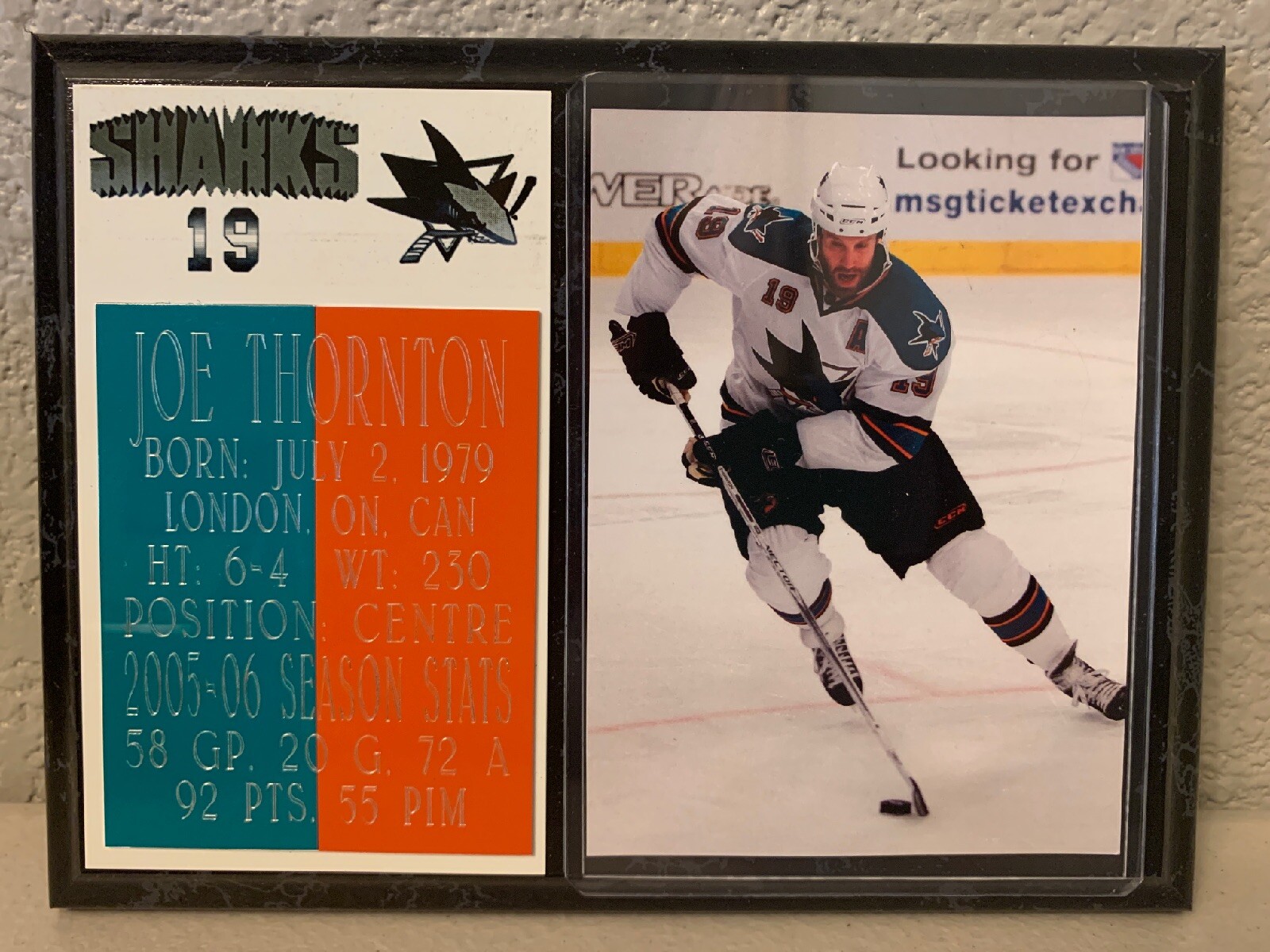 Joe Thornton 6x8 San Jose Sharks Plaque