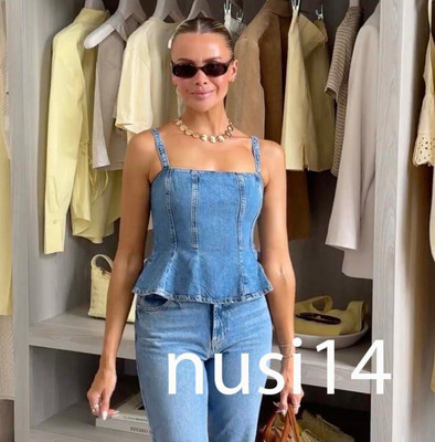 ZARA NEW WOMAN Z1975 DENIM STRAPPY TOP FLARED HEM MID-BLUE XS-XL 6164/070/427