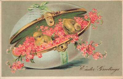c1910 Chicks Fab Decorated Huge Egg  Pink Flowers Embossed Easter Germany P153