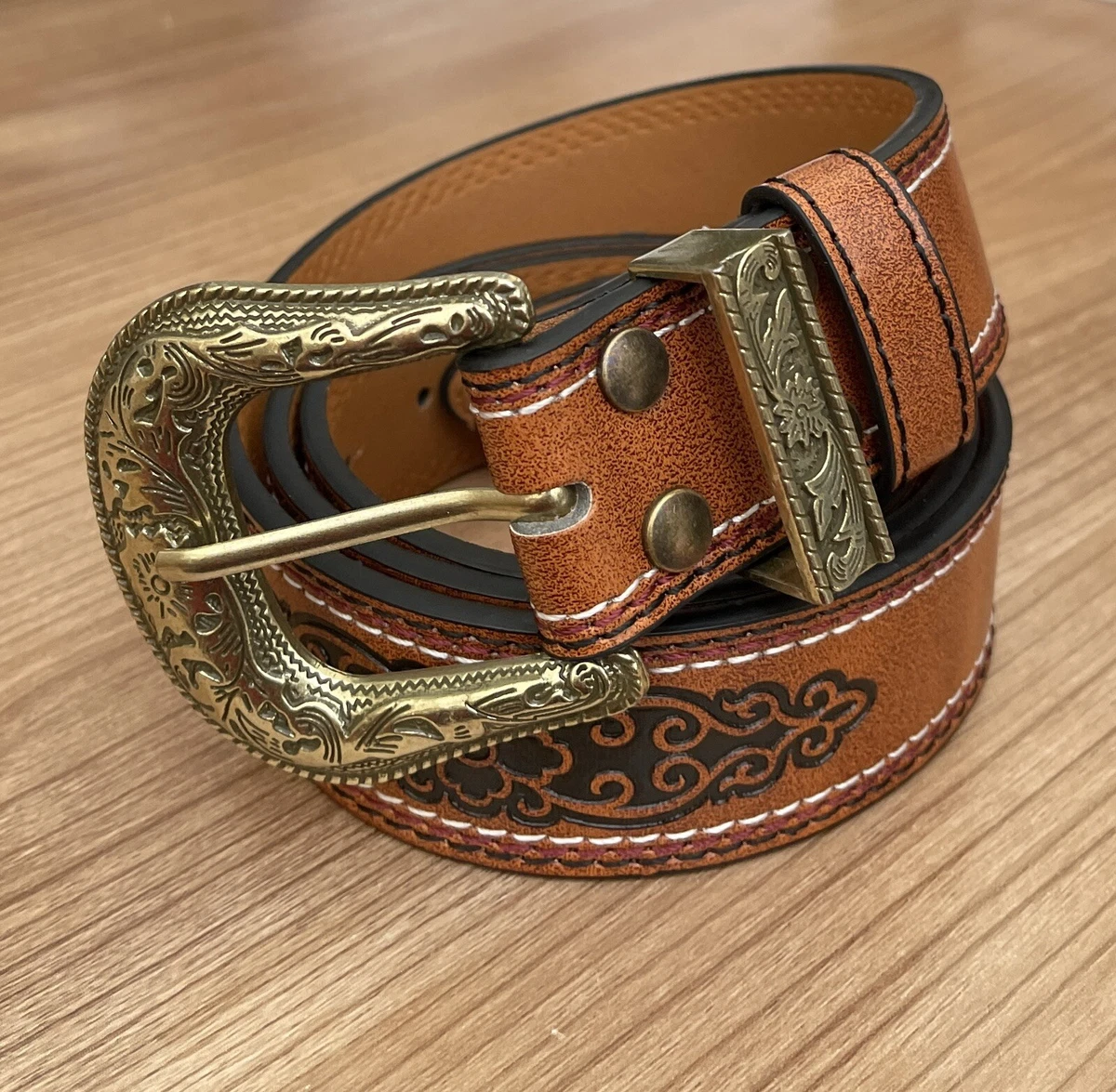 Mens Western Vintage Cowboy Leather Tan PU Belt One Size Fits Max