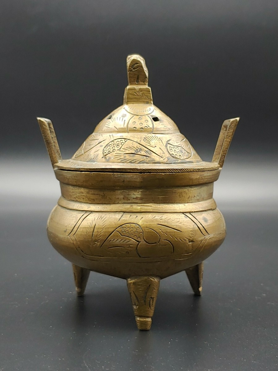 清代大明宣德款鼎式冲天耳铜香炉琴炉19th C Chinese Brass Xuande Mark