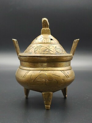 清代大明宣德款鼎式冲天耳铜香炉琴炉19th C Chinese Brass Xuande Mark