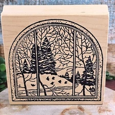VTG Magenta Rubber Stamp Arched Window Pane Winter Scene Flying Birds Pine Trees